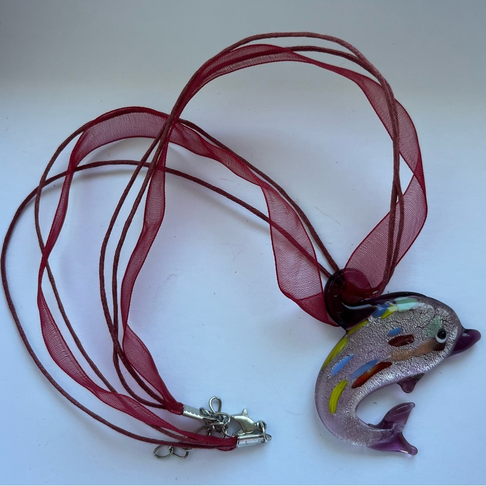 New Silver Glass Dolphin Pendant with Burgundy Ribbon/Cord Necklace